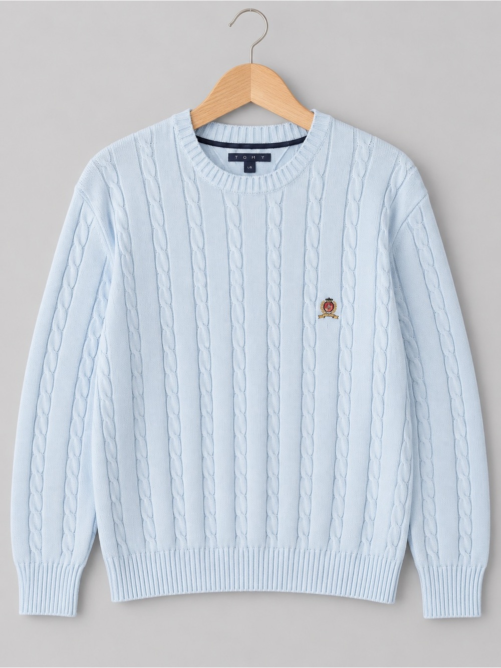 Vintage 90s Tommy Hilfiger Pale Blue Cable Knit Crewneck Sweater